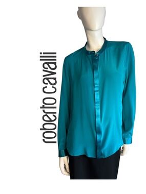 Roberto Cavalli Teal Silk Satin-Trim Button Blouse